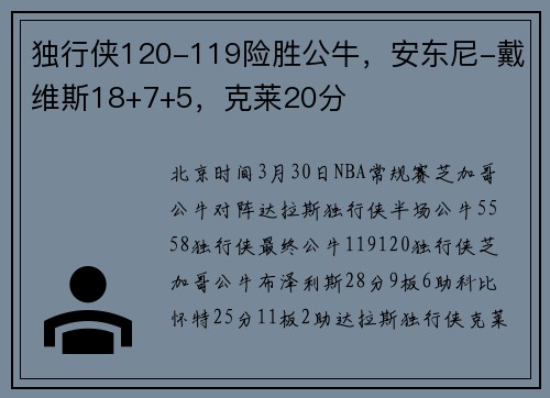 独行侠120-119险胜公牛，安东尼-戴维斯18+7+5，克莱20分